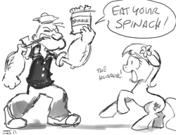 Size: 900x692 | Tagged: safe, artist:johnjoseco, lily, lily valley, human, crossover, grayscale, monochrome, popeye, spinach, the horror