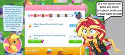 Size: 2360x1048 | Tagged: safe, derpibooru import, edit, edited screencap, editor:leonidus, screencap, applejack, king sombra, sunset shimmer, earth pony, pony, unicorn, better together, equestria girls, rollercoaster of friendship, angry, button, crystal, crystal empire, funny, game, gameloft, gameloft shenanigans, gem, it's not about the parakeet, losing, stars