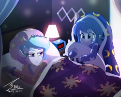 Size: 1100x883 | Tagged: safe, artist:bluse, princess celestia, princess luna, principal celestia, vice principal luna, equestria girls, alarm clock, blanket, clock, hat, lidded eyes, nightcap, pillow, scared, show accurate, woona, younger