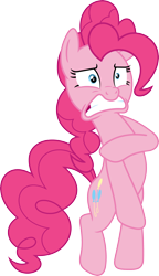 Size: 2052x3573 | Tagged: safe, artist:porygon2z, pinkie pie, earth pony, pony, bipedal, covering, embarrassed, female, gritted teeth, naked rarity, simple background, solo, teeth, transparent background, vector