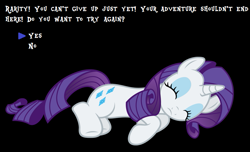 Size: 875x533 | Tagged: safe, rarity, pony, unicorn, black background, continue, game over, knocked out, mother series, parody, rpg, simple background, solo, undertale, video game