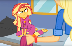 Size: 1421x917 | Tagged: safe, applejack, sunset shimmer, better together, choose your own ending, equestria girls, wake up!, wake up!: applejack, barefoot, bed, bed hair, bed mane, clothes, cropped, feet, glare, grumpy, humans doing horse things, pajamas, shrunken pupils, sunset shimmer is not amused, unamused