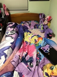 Size: 3024x4032 | Tagged: safe, derpibooru import, applejack, fluttershy, pinkie pie, rainbow dash, spike, twilight sparkle, twilight sparkle (alicorn), alicorn, bed, bedroom eyes, body pillow design, build-a-bear, computer, irl, laptop computer, photo, plushie