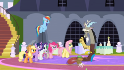 Size: 1366x768 | Tagged: safe, derpibooru import, screencap, applejack, discord, fluttershy, pinkie pie, rainbow dash, rarity, spike, twilight sparkle, twilight sparkle (alicorn), alicorn, dragon, earth pony, pegasus, pony, unicorn, the ending of the end, exhausted, flying, mane six, stairs, table, tired, wince, window, winged spike
