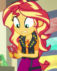 Size: 572x718 | Tagged: safe, screencap, sunset shimmer, better together, equestria girls, holidays unwrapped, cropped, geode of empathy, magical geodes, phone, solo