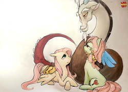 Size: 960x689 | Tagged: safe, artist:norang94, discord, fluttershy, tree hugger, pegasus, pony, simple background