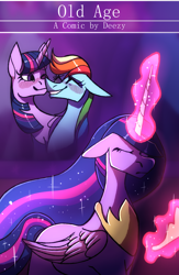 Size: 1920x2952 | Tagged: safe, artist:sakishithewolf, derpibooru import, princess twilight 2.0, rainbow dash, twilight sparkle, twilight sparkle (alicorn), alicorn, pegasus, pony, comic:old age, the last problem, blushing, comic, cover, eyes closed, female, immortality blues, lesbian, older, older twilight, shipping, twidash