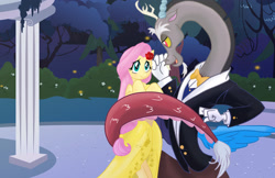 Size: 2564x1664 | Tagged: safe, artist:morgwaine, discord, fluttershy, pegasus, pony, fanfic:bride of discord, clothes, discoshy, dress, fanfic, female, male, scenery, shipping, straight, tuxedo