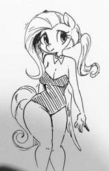 Size: 812x1280 | Tagged: safe, artist:glacierclear, fluttershy, anthro, alternate hairstyle, cleavage, female, looking at you, monochrome, ponytail, sketch, solo