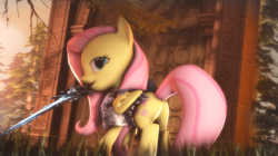 Size: 1920x1079 | Tagged: safe, artist:doge4ce, fluttershy, pegasus, pony, 3d, armor, fantasy class, frostmourne, knight, looking at you, mouth hold, solo, source filmmaker, sword, warrior