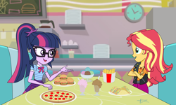 Size: 3000x1800 | Tagged: safe, alternate version, artist:lightning_musicwave, sci-twi, sunset shimmer, twilight sparkle, better together, equestria girls, burger, chocolate milkshake, comic, food, french fries, geode of empathy, geode of telekinesis, ice cream, magical geodes, meat, milkshake, pepperoni, pepperoni pizza, pizza, taco