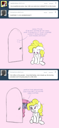 Size: 643x1387 | Tagged: safe, artist:carnifex, surprise, oc, oc:velvet, pegasus, pony, unicorn, g1, ashamed, ask velvet, comic, duo, g1 to g4, generation leap, pink background, simple background