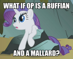 Size: 990x800 | Tagged: safe, edit, edited screencap, screencap, rarity, pony, unicorn, dragonshy, image macro, meme, op is a duck (reaction image), ruffian, solo, sudden clarity rarity, sudden realization, text