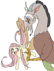 Size: 500x655 | Tagged: safe, artist:mugijiru, discord, fluttershy, pegasus, pony, blushing, discoshy, female, male, oekaki, shipping, straight, tail, tail hold, tail pull