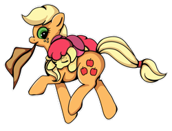 Size: 725x554 | Tagged: safe, artist:whimsicalmachines, apple bloom, applejack, earth pony, pony, cute, sleeping