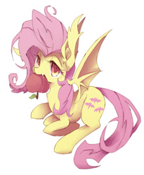 Size: 600x731 | Tagged: safe, artist:kolshica, fluttershy, bat pony, pony, apple, biting, fangs, flutterbat, prone, solo