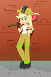 Size: 265x400 | Tagged: safe, artist:amante56, applejack, equestria girls, axe, firefighter, solo