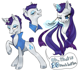 Size: 700x624 | Tagged: safe, artist:mrsstarlight, rarity, pony, unicorn, clothes, dialogue, hair extensions, hooves, magic, raised hoof, vest