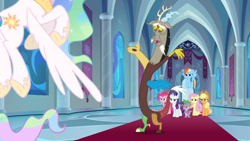 Size: 1366x768 | Tagged: safe, derpibooru import, screencap, applejack, discord, fluttershy, pinkie pie, princess celestia, rainbow dash, rarity, spike, alicorn, dragon, earth pony, pegasus, pony, unicorn, the ending of the end, banner, carpet, door, sad, stained glass window, winged spike