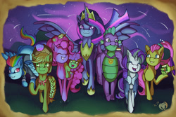 Size: 3600x2400 | Tagged: safe, artist:kenisu-of-dragons, derpibooru import, applejack, discord, fluttershy, li'l cheese, pinkie pie, princess twilight 2.0, rainbow dash, rarity, spike, twilight sparkle, twilight sparkle (alicorn), alicorn, dragon, earth pony, pegasus, pony, unicorn, the last problem, colt, female, gigachad spike, juice, juice box, male, mane seven, mane six, offscreen character, older, older applejack, older fluttershy, older mane seven, older mane six, older pinkie pie, older rainbow dash, older rarity, older spike, older twilight