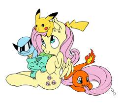 Size: 974x820 | Tagged: safe, artist:dfectivedvice, artist:edcom02, fluttershy, pegasus, pikachu, pony, bulbasaur, charmander, colored, crossover, glasses, pokémon, pokémon trainer, simple background, squirtle, transparent background