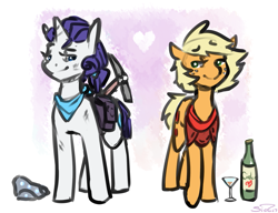 Size: 1241x955 | Tagged: safe, artist:siden, applejack, rarity, oc, oc:ivory, oc:sparkling cider, earth pony, pony, unicorn, alternate universe, cider, female, lesbian, pickaxe, rarijack, shipping, ultimare universe