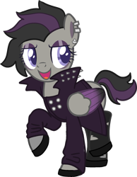 Size: 1428x1839 | Tagged: safe, artist:elizadoesadopts, oc, oc only, oc:wind rocker, pegasus, pony, bedroom eyes, clothes, ear piercing, earring, eyeshadow, female, hoof shoes, jacket, jewelry, leather jacket, makeup, mare, open mouth, piercing, raised hoof, shoes, simple background, skull, socks, solo, stockings, thigh highs, torn clothes, transparent background