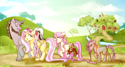 Size: 1869x1000 | Tagged: safe, artist:skitea, discord, fluttershy, oc, oc:enna, hybrid, pegasus, pony, cottage, discoshy, female, flower, flower in hair, interspecies offspring, male, offspring, outdoors, parent:discord, parent:fluttershy, parents:discoshy, ponified, pony discord, scenery, shipping, straight