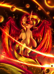 Size: 4550x6300 | Tagged: safe, artist:darksly, sunset shimmer, alicorn, pony, alicornified, commission, digital art, eyes closed, female, fiery shimmer, fire, mare, race swap, shimmercorn, solo, sunset phoenix, sunshine shimmer