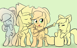 Size: 900x564 | Tagged: safe, artist:empyu, apple bloom, applejack, blewgrass, fiddlesticks, pitch perfect, earth pony, pony, apple family member, banjo, glass blowing, harmonica, musical instrument, quartet, violin, wrong cutie mark