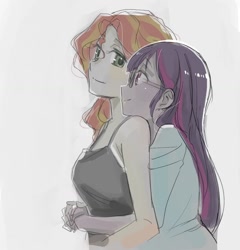 Size: 1108x1155 | Tagged: safe, artist:5mmumm5, sci-twi, sunset shimmer, twilight sparkle, equestria girls, female, hug, hug from behind, lesbian, scitwishimmer, shipping, sleeveless, sunsetsparkle