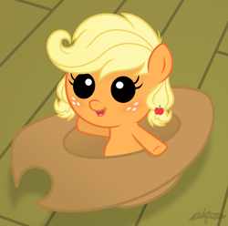 Size: 3522x3500 | Tagged: safe, artist:godoffury, applejack, earth pony, pony, baby, baby pony, babyjack, cute, filly, foal, hat, high res, jackabetes, open mouth, smiling, solo