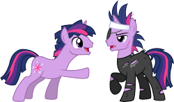 Size: 1931x1137 | Tagged: safe, artist:penny-rhythm, derpibooru import, dusk shine, twilight sparkle, eyepatch, future dusk, future twilight, rule 63, scene interpretation, self ponidox, simple background, transparent background, vector