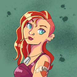 Size: 2048x2048 | Tagged: safe, artist:pettypop, sunset shimmer, equestria girls, alternate hairstyle, dog tags, ear piercing, earring, freckles, jewelry, nose piercing, nose ring, piercing, tattoo