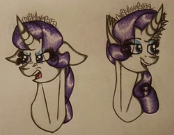 Size: 2480x1914 | Tagged: safe, artist:raritylover152, rarity, pony, unicorn, curved horn, duality, female, mare, simple background, smiling, traditional art