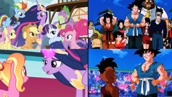 Size: 640x360 | Tagged: safe, derpibooru import, edit, edited screencap, screencap, applejack, fluttershy, luster dawn, pinkie pie, rainbow dash, rarity, spike, twilight sparkle, twilight sparkle (alicorn), alicorn, dragon, earth pony, pegasus, pony, unicorn, the ending of the end, the last problem, chi-chi, comparison, dragon ball z, gigachad spike, gohan, goku, goten, mane seven, mane six, older, older applejack, older fluttershy, older mane seven, older mane six, older pinkie pie, older rainbow dash, older rarity, older spike, older twilight, pan (dragon ball), uub, videl