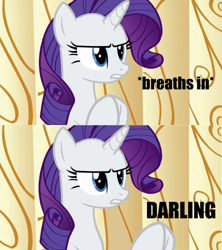 Size: 512x576 | Tagged: safe, artist:paintanon, edit, edited screencap, screencap, rarity, pony, unicorn, applejack's "day" off, boi, darling, impact font, inhale, meme, misspelling, rarity is not amused, reaction image, unamused