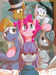 Size: 900x1200 | Tagged: safe, artist:suzumaru, cloudy quartz, igneous rock pie, limestone pie, marble pie, maud pie, pinkie pie, earth pony, pony, clothes, glasses, hat, looking at you, open mouth, pie family, pie sisters, quartzrock, siblings, sisters, smiling, unamused