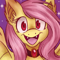 Size: 1280x1280 | Tagged: safe, artist:abbystarling, fluttershy, bat pony, pony, bust, choker, close-up, cute, fangs, flutterbat, looking at you, necklace, open mouth, portrait, shyabates, shyabetes, smiling, solo, weapons-grade cute