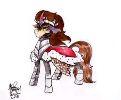 Size: 1952x1616 | Tagged: safe, artist:mannybcadavera, derpibooru import, king sombra, oc, oc:ferb fletcher, pegasus, pony, clothes, colored horn, cosplay, costume, curved horn, horn, implied king sombra, male, possessed, simple background, solo, sombra eyes, sombra horn, traditional art, white background, wings