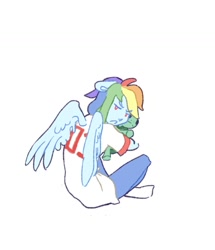 Size: 1280x1490 | Tagged: safe, artist:navy-pon, derpibooru import, rainbow dash, tank, human, cute, dashabetes, eared humanization, female, hug, humanized, plushie, sitting, solo, winged humanization, wings