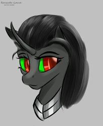 Size: 706x862 | Tagged: safe, artist:renarde-louve, derpibooru import, king sombra, queen umbra, pony, unicorn, bust, curved horn, doodle, female, gray background, horn, mare, rule 63, simple background, solo