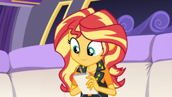 Size: 1920x1080 | Tagged: safe, screencap, sunset shimmer, better together, choose your own ending, driving miss shimmer, driving miss shimmer: rarity, equestria girls, clothes, cute, female, geode of empathy, leather vest, limousine, magical geodes, notepad, pencil, shimmerbetes, smiling, vest