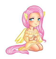 Size: 626x662 | Tagged: safe, artist:turtlesea, fluttershy, human, blushing, chibi, clothes, cute, digital art, eared humanization, hands together, humanized, kneeling, light skin, looking at you, off shoulder, off shoulder sweater, simple background, sitting, solo, sweater, sweater dress, sweatershy, tailed humanization, transparent background, winged humanization, yellow sweater