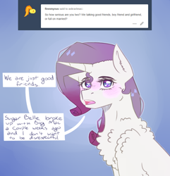 Size: 856x889 | Tagged: safe, artist:askrarimac, rarity, pony, unicorn, ask, back fluff, blushing, chest fluff, fluffy, shoulder fluff, tumblr