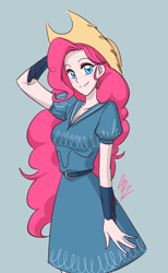 Size: 538x874 | Tagged: safe, artist:apzzang, pinkie pie, human, blushing, equestria girls outfit, humanized, simple background, smiling, solo