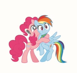 Size: 493x463 | Tagged: safe, derpibooru import, pinkie pie, rainbow dash, earth pony, pegasus, pony, awkward, awkward hug, female, hug, mare, official, official art, smiley face, stock vector