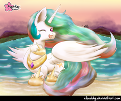 Size: 1197x1000 | Tagged: safe, artist:clouddg, princess celestia, alicorn, pony, cute, cutelestia, lake, looking at you, missing accessory, one eye closed, open mouth, sand, smiling, solo, wink