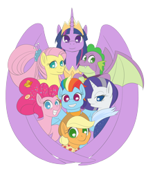 Size: 2848x3367 | Tagged: safe, artist:robbiecave, derpibooru import, applejack, fluttershy, pinkie pie, princess twilight 2.0, rainbow dash, rarity, spike, twilight sparkle, twilight sparkle (alicorn), alicorn, dragon, earth pony, pegasus, pony, unicorn, the last problem, colored pupils, end of ponies, future, gigachad spike, grin, older, older applejack, older fluttershy, older pinkie pie, older rainbow dash, older rarity, older spike, older twilight, smiling