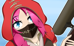 Size: 1280x800 | Tagged: safe, artist:misterbrony, pinkie pie, human, angry, cleavage, crossover, female, gun, humanized, mask, optical sight, rifle, sniper, sniper rifle, solo, team fortress 2, weapon